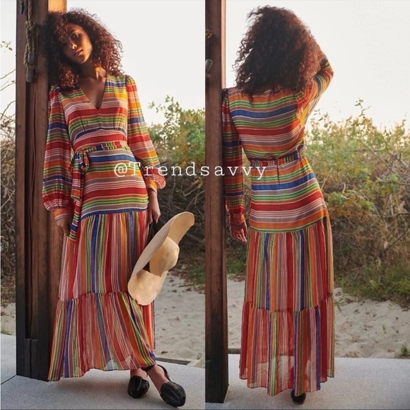 Anthropologie Farm Rio Rainbow StripesV-Neck Maxi Dress Size S NWT